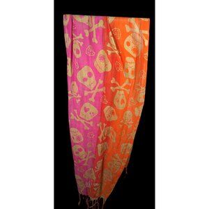 Gothic Voodoo Pink And Orange Skull Print Scarf With Fringe And Bead Accents